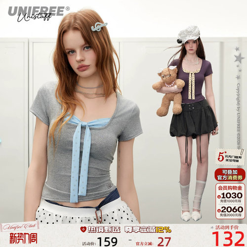 UNIFREE正肩短袖T恤撞色蝴蝶结