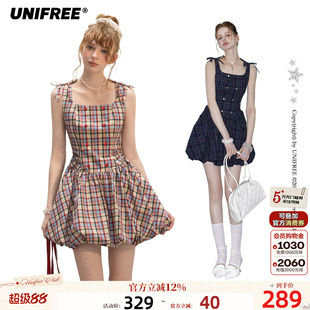 UNIFREE彩色格子复古连衣裙蝴蝶结收腰夏季少女韩系吊带花苞短裙