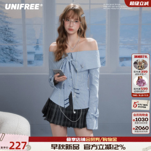 UNIFREE学院风蓝色条纹一字领衬衫收腰蝴蝶结绑带喇叭袖甜美上衣