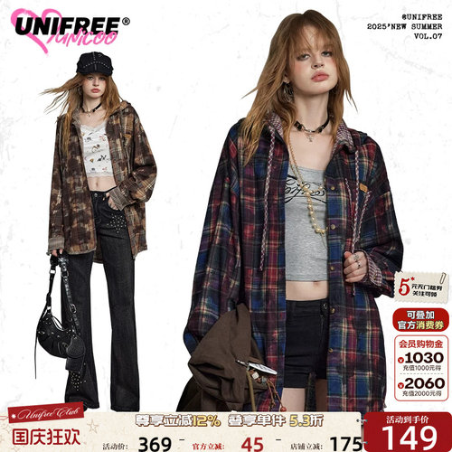 UNIFREE连帽格子长袖衬衫