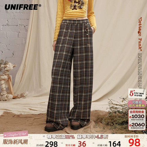 UNIFREE复古棕色格纹休闲裤
