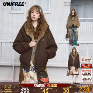 UNIFREE正反两穿派克服外套女宽松抗风棉服连帽毛毛内胆冬季上衣