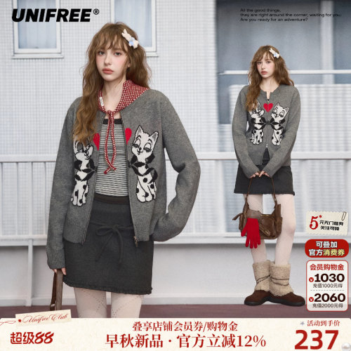 UNIFREE爱心猫咪提花针织开衫