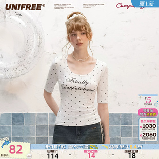 UNIFREE白色字母印花波点短袖T恤女夏季大U领修身显瘦韩系上衣