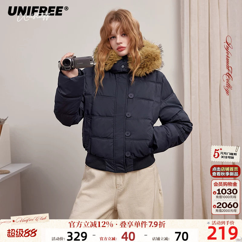 UNIFREE藏蓝色棉服冬季加厚防风美式宽松保暖百搭面包服通勤外套