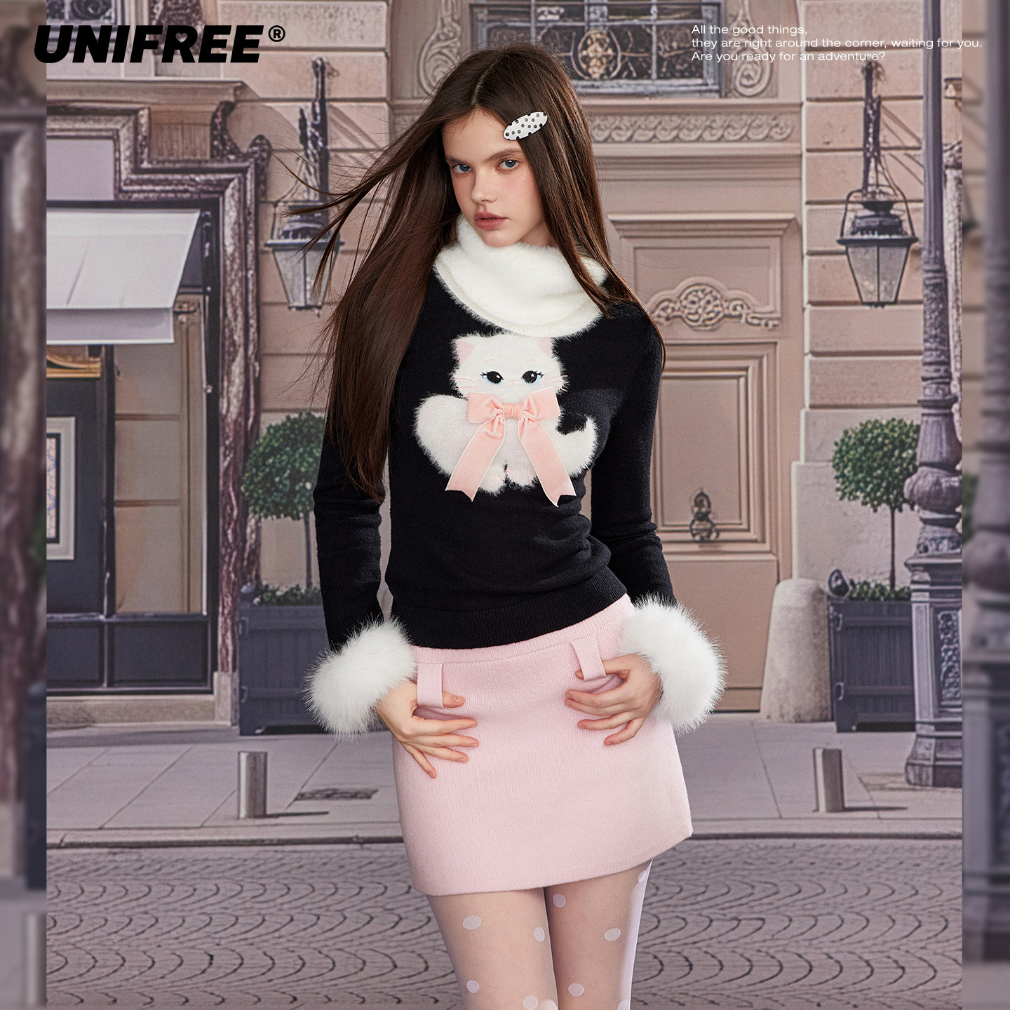 UNIFREE仿貂绒撞色毛衣冬季修身甜美猫咪贴布圆领针织衫内搭上