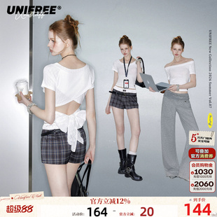 UNIFREE白色正肩针织短袖T恤女修身显瘦蝴蝶结露背性感夏季小上衣