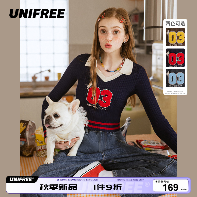 UNIFREE美式复古针织衫女短款条纹学院风修身显瘦polo领针织上衣在类目 女装/女士精品, 毛针织衫中 - 来自Buy2taobao.com提供专业的淘宝代购服务