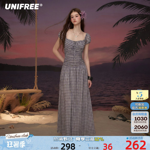 UNIFREE紫色复古格子短袖连衣裙