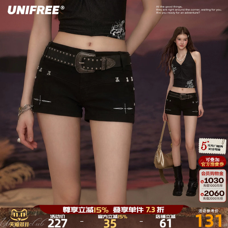 UNIFREE黑色水洗牛仔短裤女修身Y2K千禧辣妹炸街铆钉装饰包臀热裤