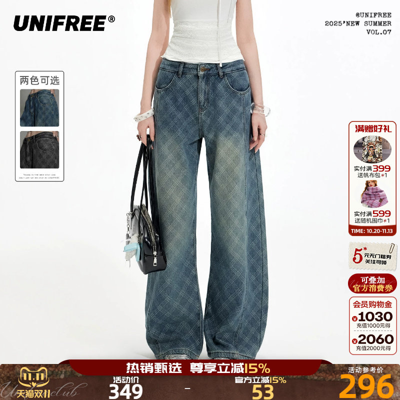 UNIFREE蓝色格纹牛仔裤女复古做旧美式宽松阔腿设计感拖地弯刀裤