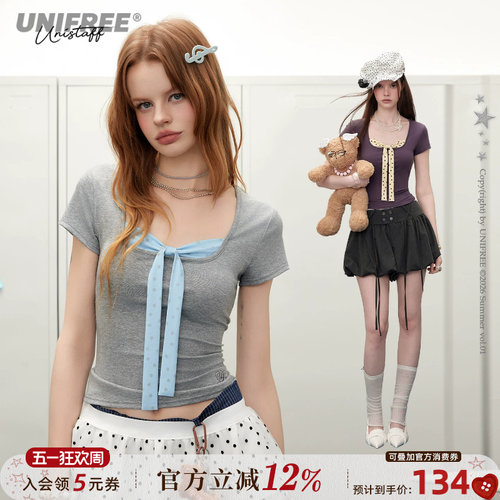 UNIFREE正肩短袖T恤撞色蝴蝶结