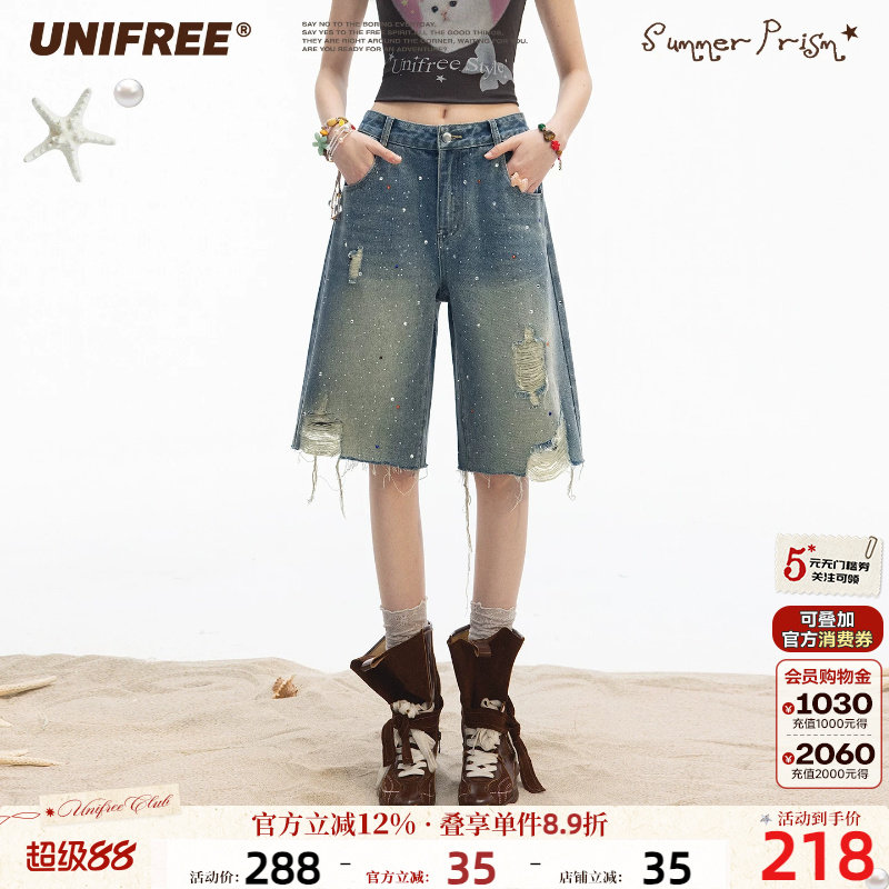 UNIFREE低腰破洞五分牛仔短裤图片