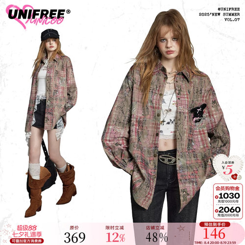 UNIFREE扎染格纹长袖衬衫