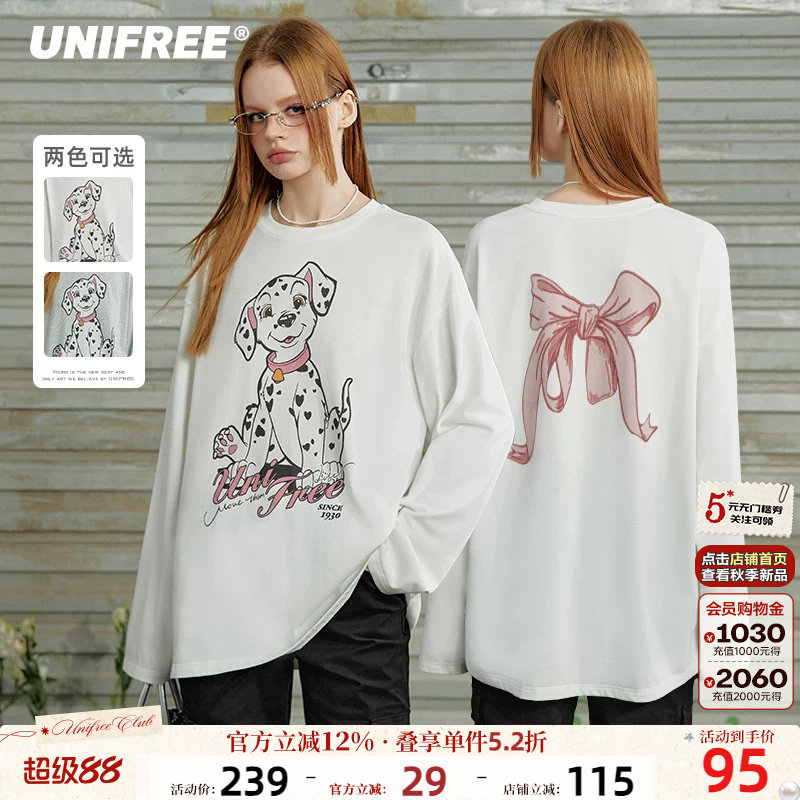 UNIFREE斑点狗狗印花长袖T恤女早秋流行穿搭宽松落肩纯棉百搭上衣