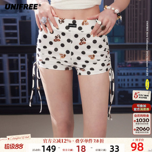UNIFREE波点动物印花高腰短裤夏季新款宽松白色绑带显瘦包臀热裤