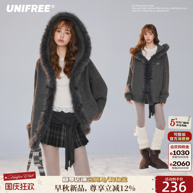 UNIFREE连帽毛领针织开衫外套