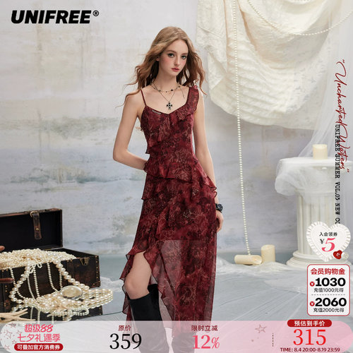 UNIFREE红色豹纹印花连衣裙