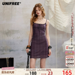 UNIFREE紫色格纹连衣裙方领网纱蝴蝶结夏季收腰蕾丝边辣妹吊带裙