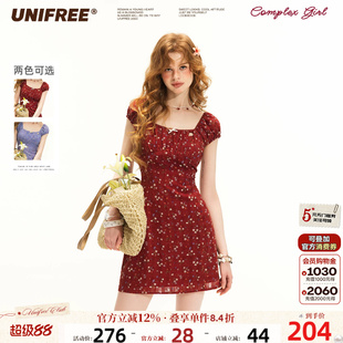 UNIFREE红色碎花雪纺连衣裙夏季新款小个子法式方领A字复古连衣裙