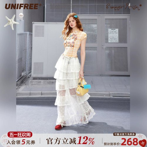 UNIFREE蕾丝网纱拼接半身裙