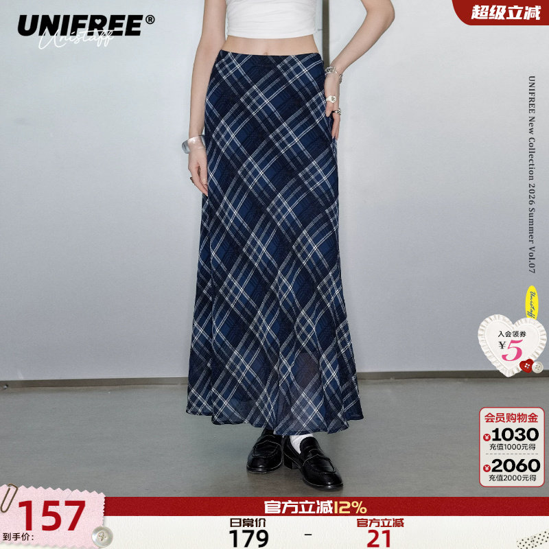 UNIFREE美式复古雪纺格纹半身裙女夏季宽松高腰显瘦百搭长款裙