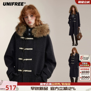 UNIFREE学院风牛角扣毛呢外套女连帽毛领加厚显瘦中长款呢子大衣