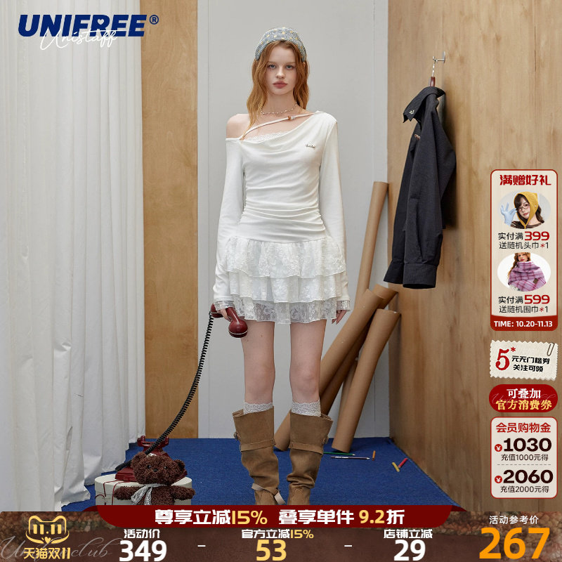 UNIFREE白色斜肩长袖连衣裙女蕾丝拼接收腰褶皱高级气质蓬蓬短裙