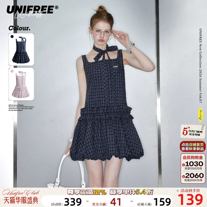 UNIFREE格纹吊带蝴蝶结连衣裙图片