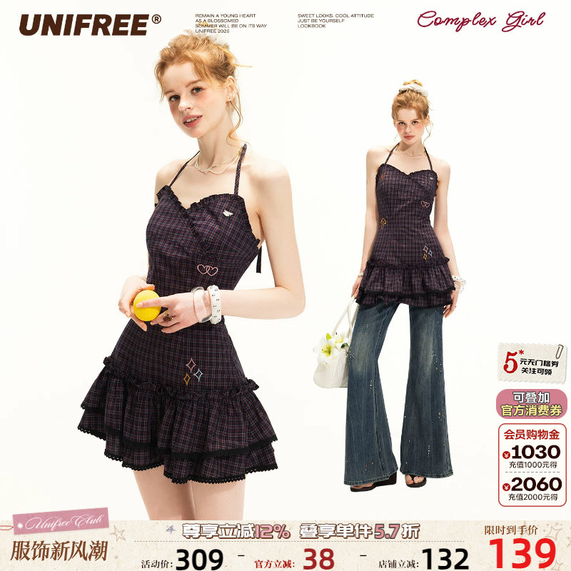 UNIFREE格纹挂脖连衣裙图片