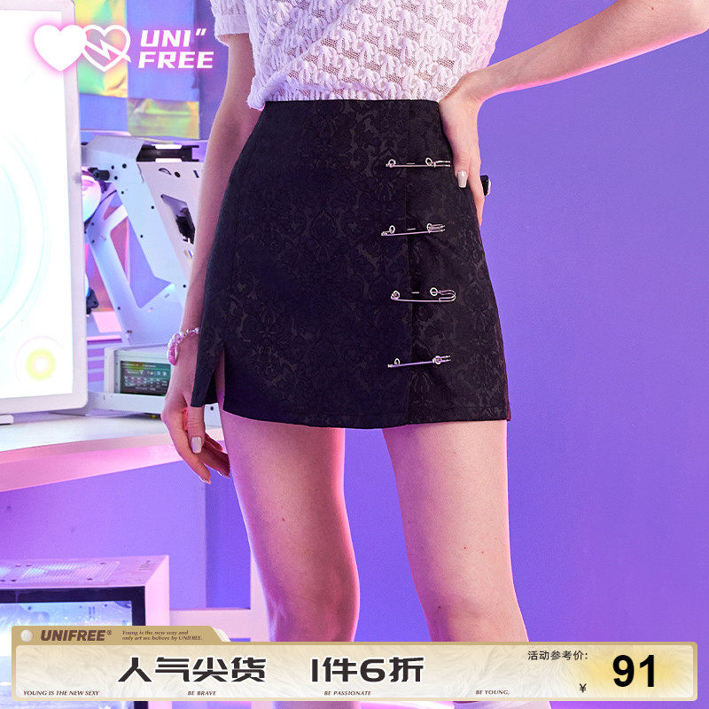 UNIFREE开叉半身裙女夏季高腰显瘦包臀甜酷辣妹a字别针提花短裙子|ruв категории Женская одежда, юбка - от Buy2taobao.com для оказания профессиональной услуги покупки агента Taobao