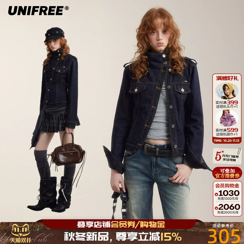UNIFREE修身斜门襟牛仔外套女美式复古辣妹短款上衣高领显瘦夹克