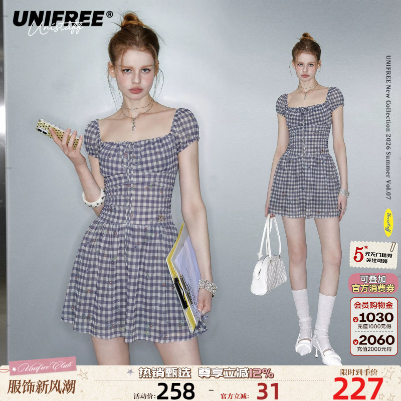 UNIFREE紫色格纹碎花短袖连衣裙图片