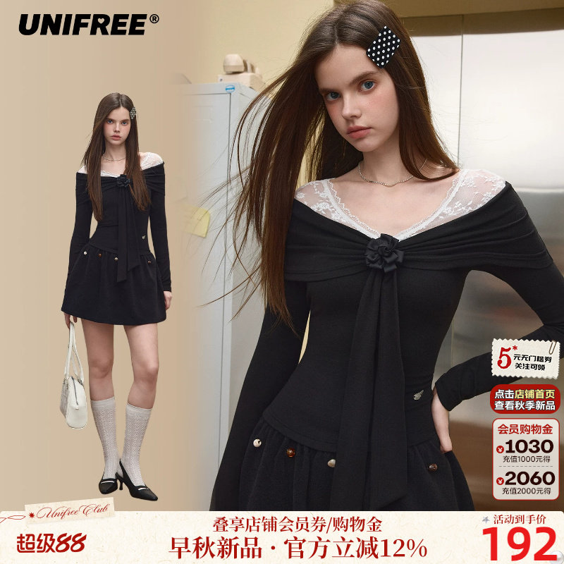 UNIFREE假两件蕾丝拼接T恤女秋季修身显瘦立体玫瑰花装饰打底上衣