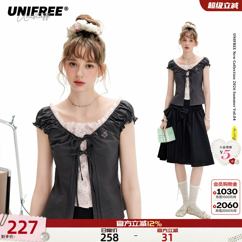UNIFREE假两件撞色短袖衬衫女士夏季新款荷叶边绑带收腰韩系衬衣