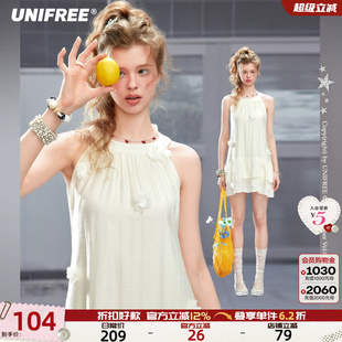 UNIFREE白色无袖连衣裙夏季新款气质宽松A字裙立体小花少女蓬蓬裙