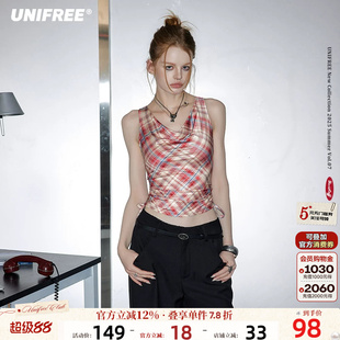 UNIFREE红色格纹雪纺吊带背心女荡领收腰纯欲风设计感洋气短上衣