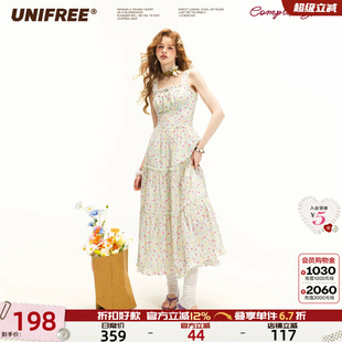 UNIFREE白色小碎花吊带连衣裙女夏季新款小清新法式显瘦中长款裙