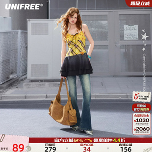 UNIFREE黄色格纹小碎花拼接吊带连衣裙蝴蝶结撞色挂脖收腰夏季裙
