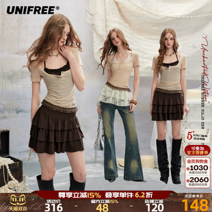 UNIFREE美式辣妹薄款短袖T恤女挂脖吊带连衣裙蛋糕裙叠穿两件套装