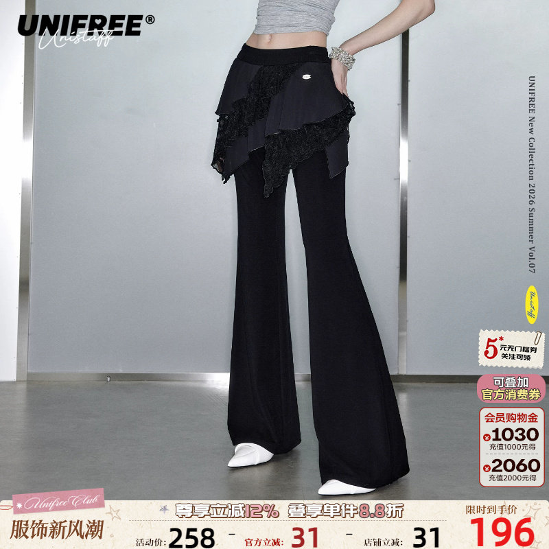 UNIFREE黑色蕾丝假两件微喇裤图片