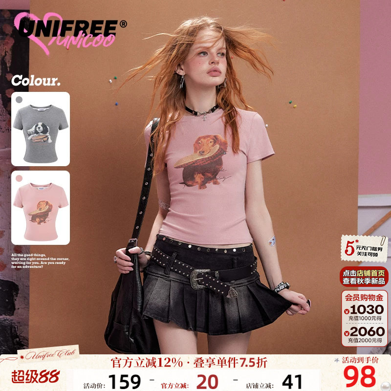 【明星同款】UNIFREE短袖T恤女正肩狗狗印花短款修身韩版洋气上衣