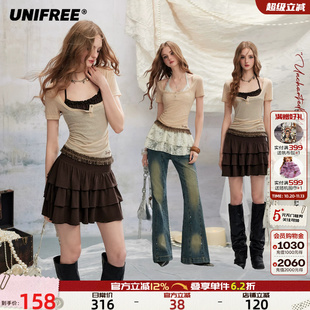 UNIFREE美式辣妹薄款短袖T恤女挂脖吊带连衣裙蛋糕裙叠穿两件套装