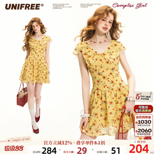 UNIFREE黄色小碎花连衣裙女夏季新款V领收腰蝴蝶结显瘦小飞袖裙子