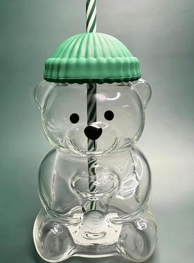 跨境2026新款Bearista Glass Straw Cup泰迪熊杯玻璃吸管杯