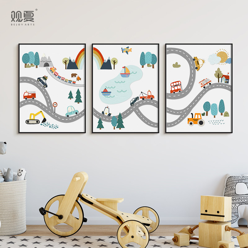 可爱风卡通马路汽车挖掘车儿童房装饰画男孩卧室挂画幼儿园组合画