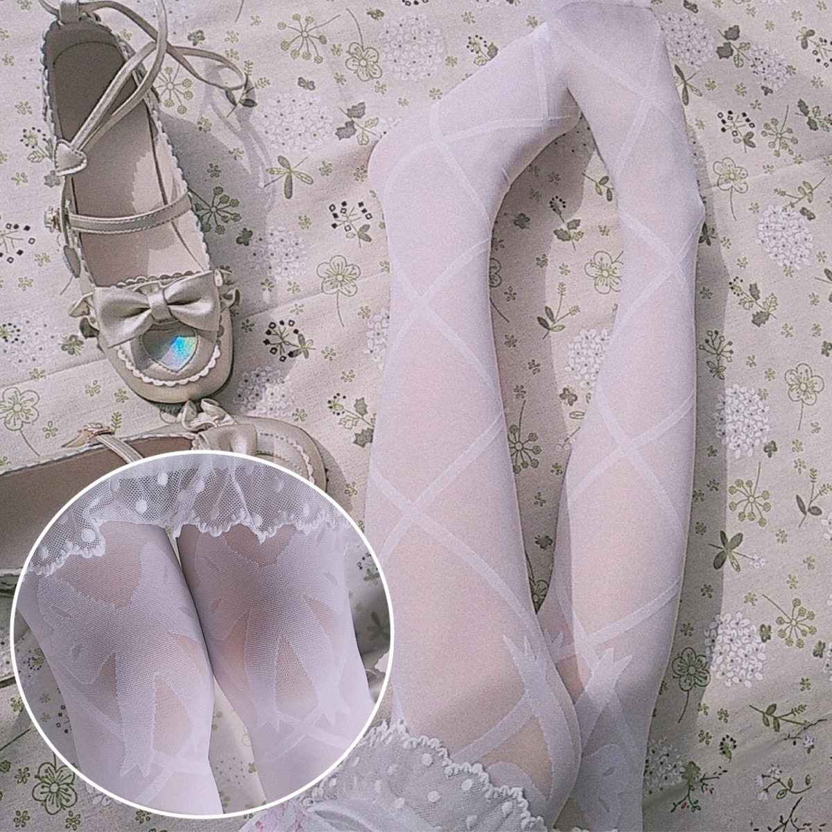 非原创 日系lolita二次元纯白色丝袜 软妹蝴蝶结交叉绑带连裤袜女