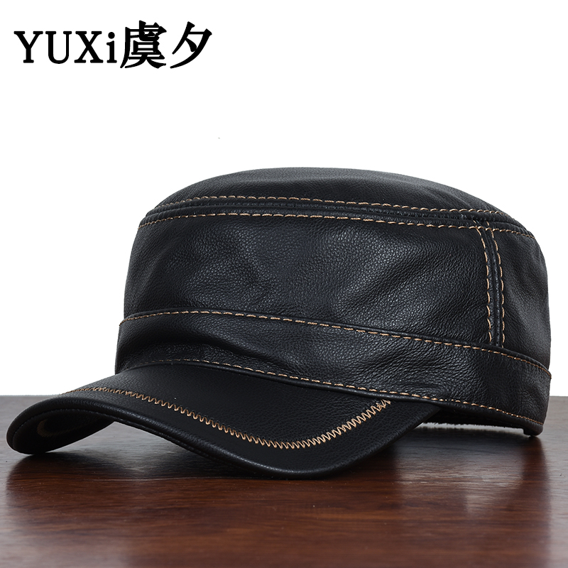 头层牛皮平顶帽真皮老人帽男冬季