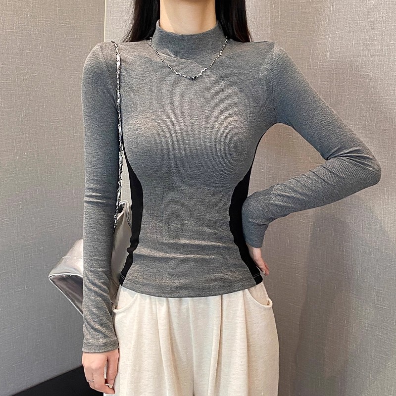 半高领正肩长袖t恤女春秋设计感修身显瘦打底衫女内搭辣妹上衣t恤