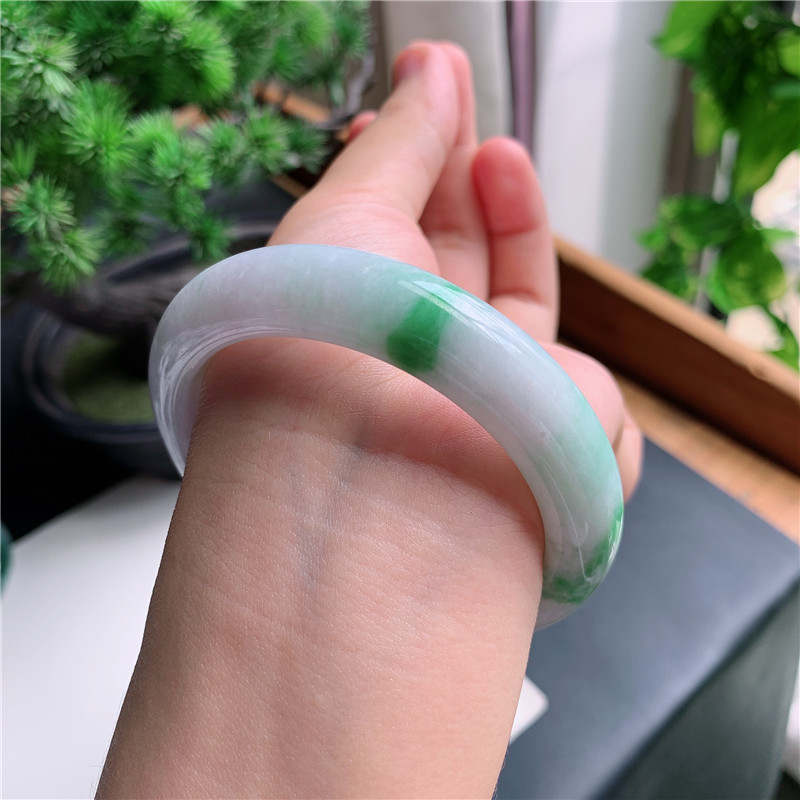 9月新品 55圈口冰糯种紫底飘绿正圈玉手镯女款正品2761HM3126